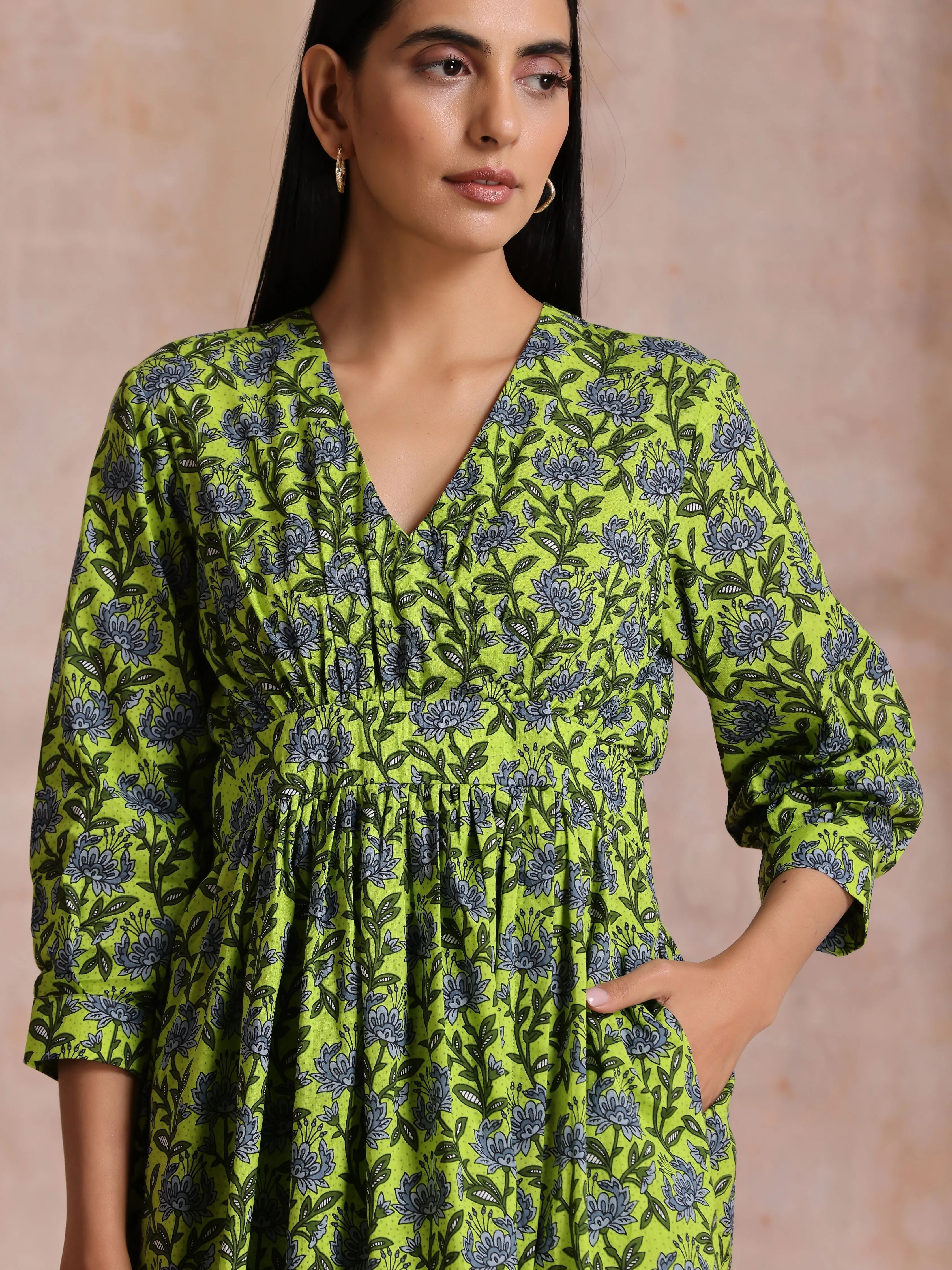 Lime Green Overall Blue Floral Block Print Cotton Wrap Dress