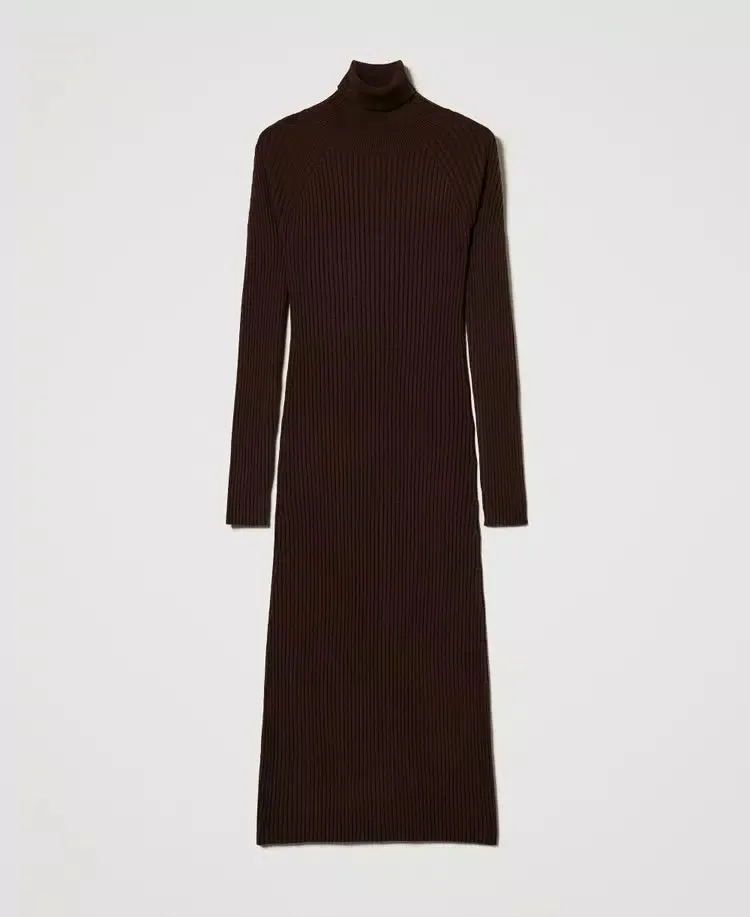 Long Ribbed Knit Dress - Coffee Chocolate