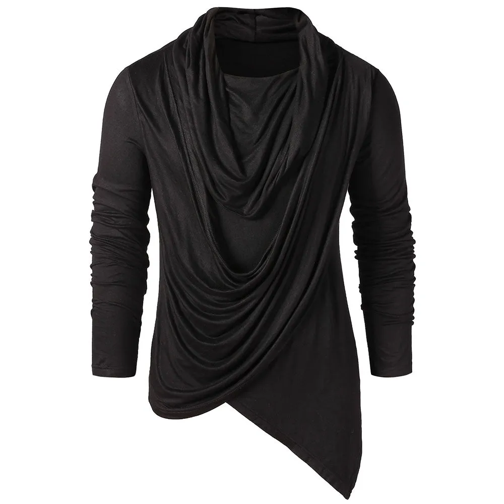 Men's Asymmetric Pile Heap Collar Solid Color Long Sleeves T-shirt