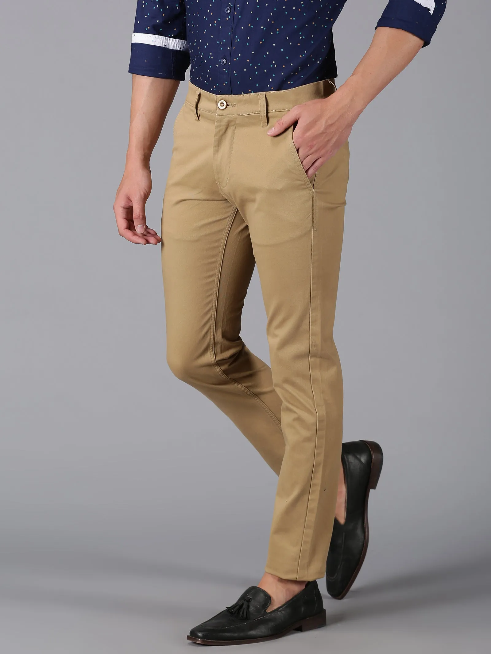 MEN'S BEIGE SOLID SLIM FIT TROUSER