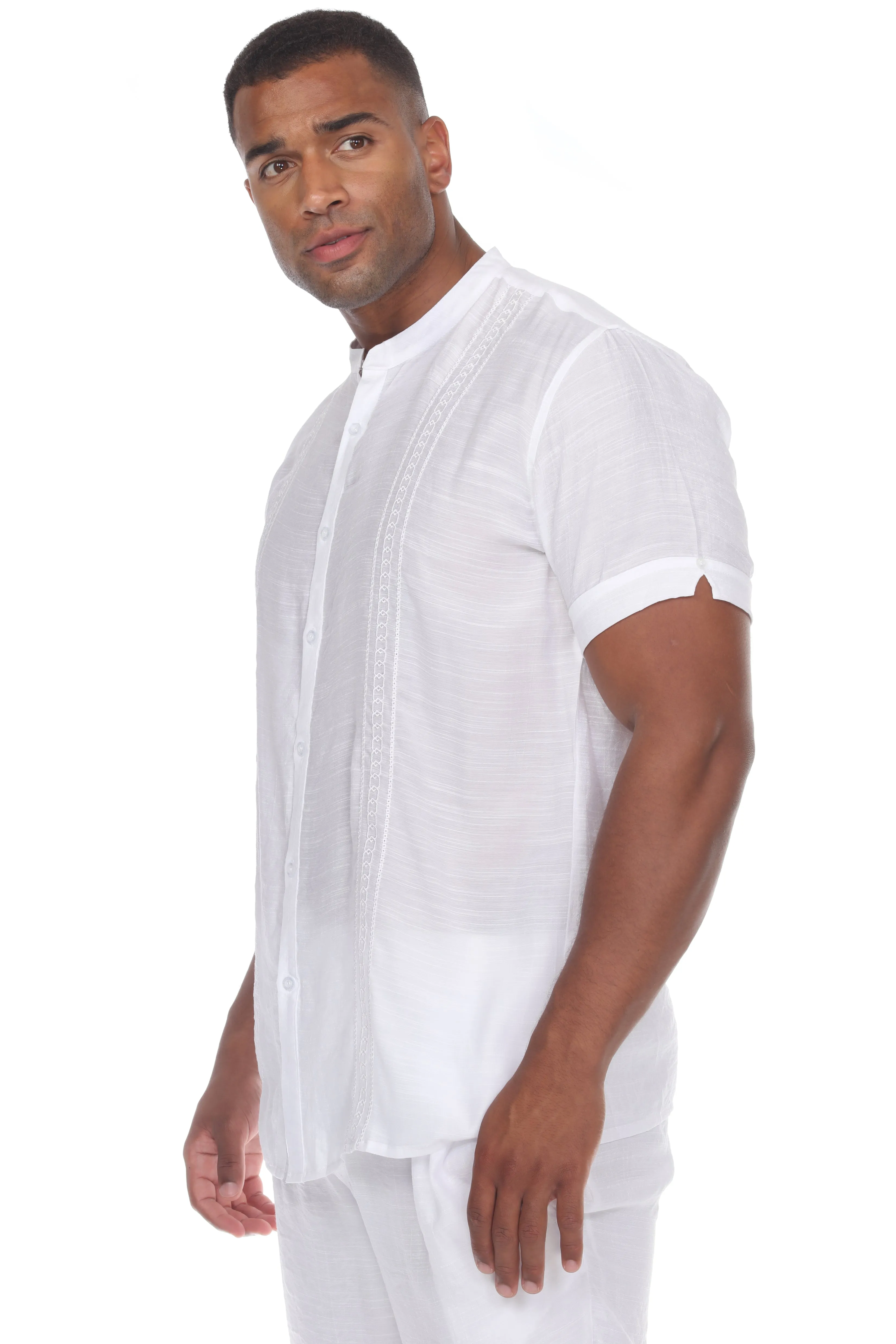 Men's Casual Embroidered Mandarin Collar Beachwear Shirt Short Sleeve Button Down