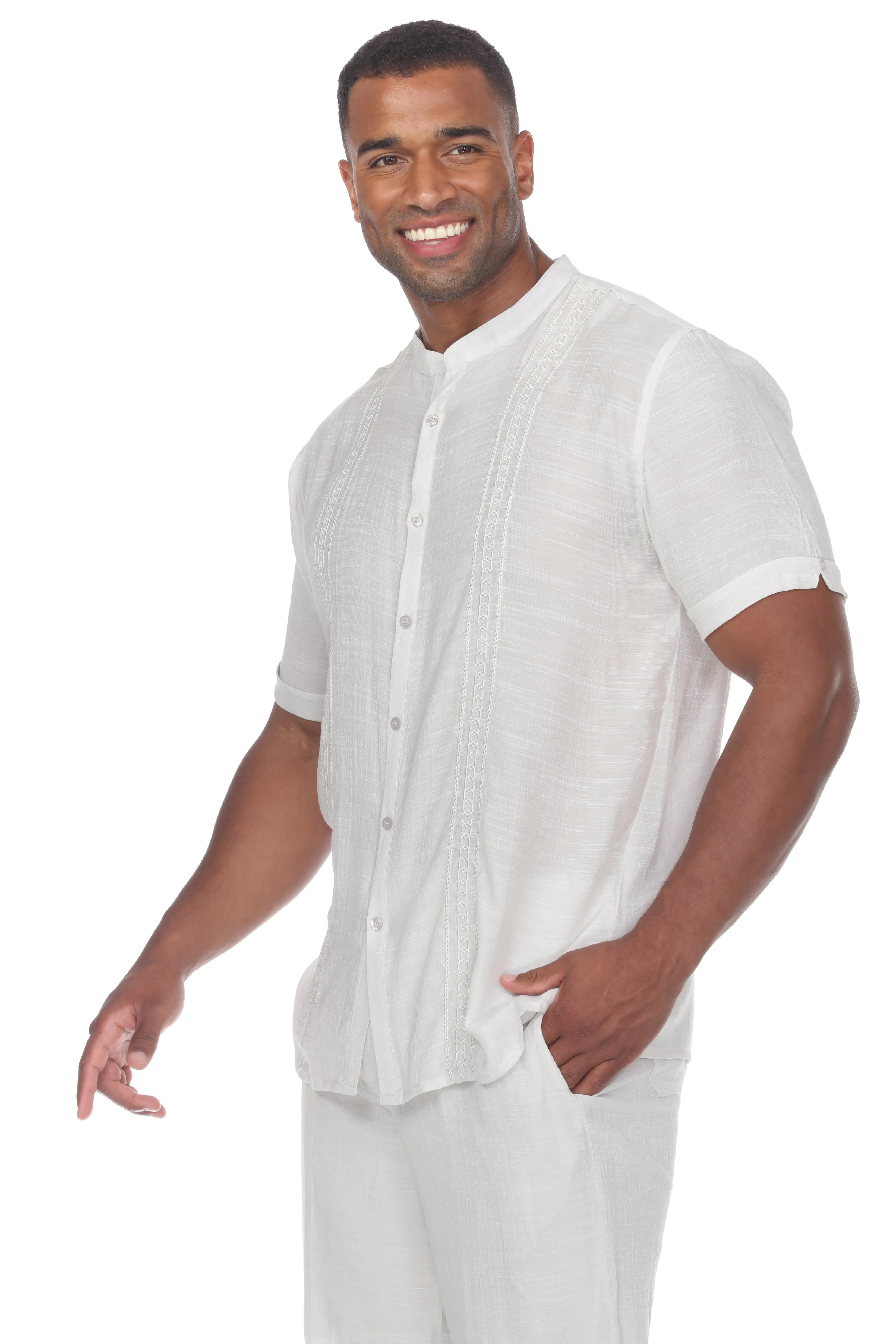 Men's Casual Embroidered Mandarin Collar Beachwear Shirt Short Sleeve Button Down