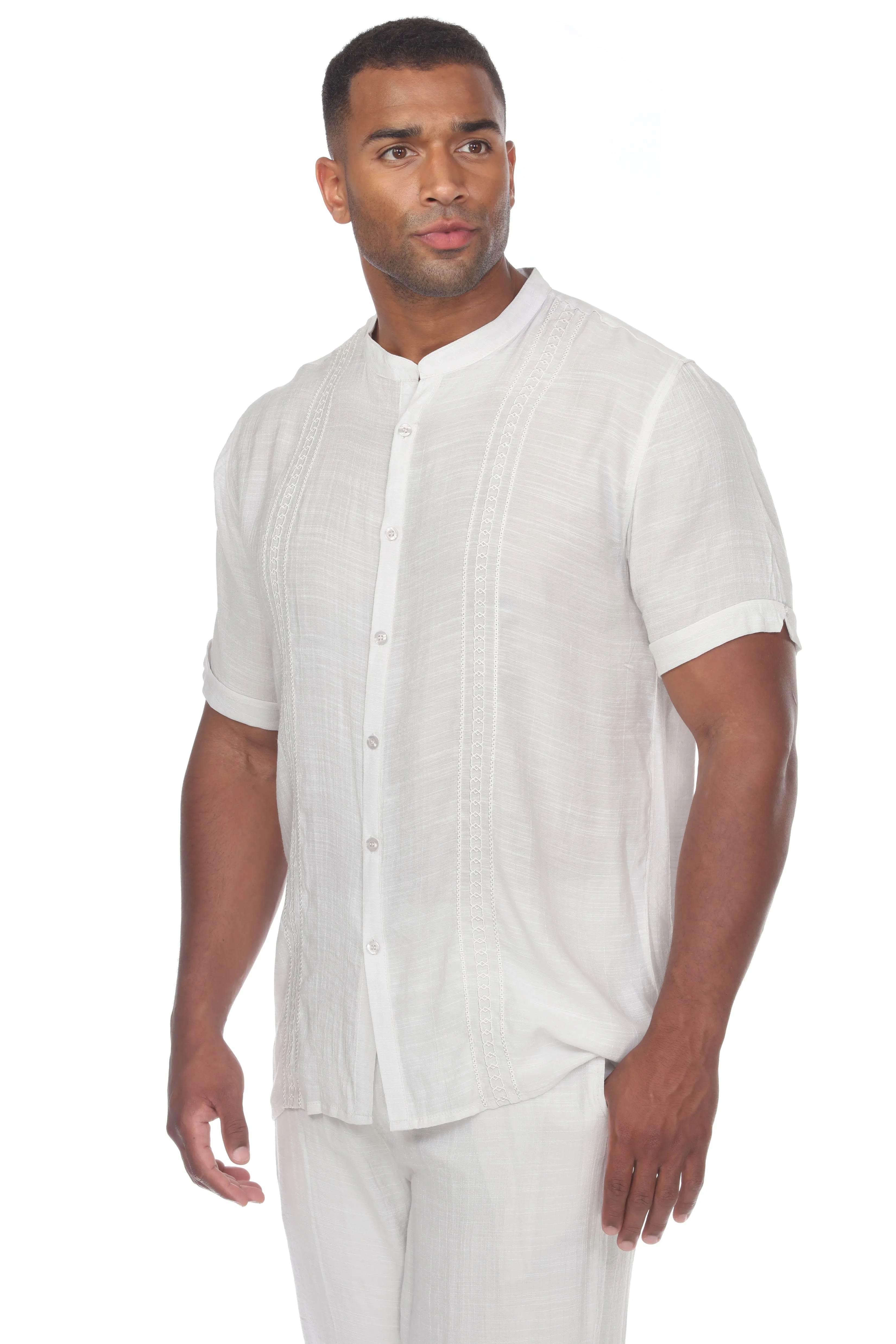 Men's Casual Embroidered Mandarin Collar Beachwear Shirt Short Sleeve Button Down