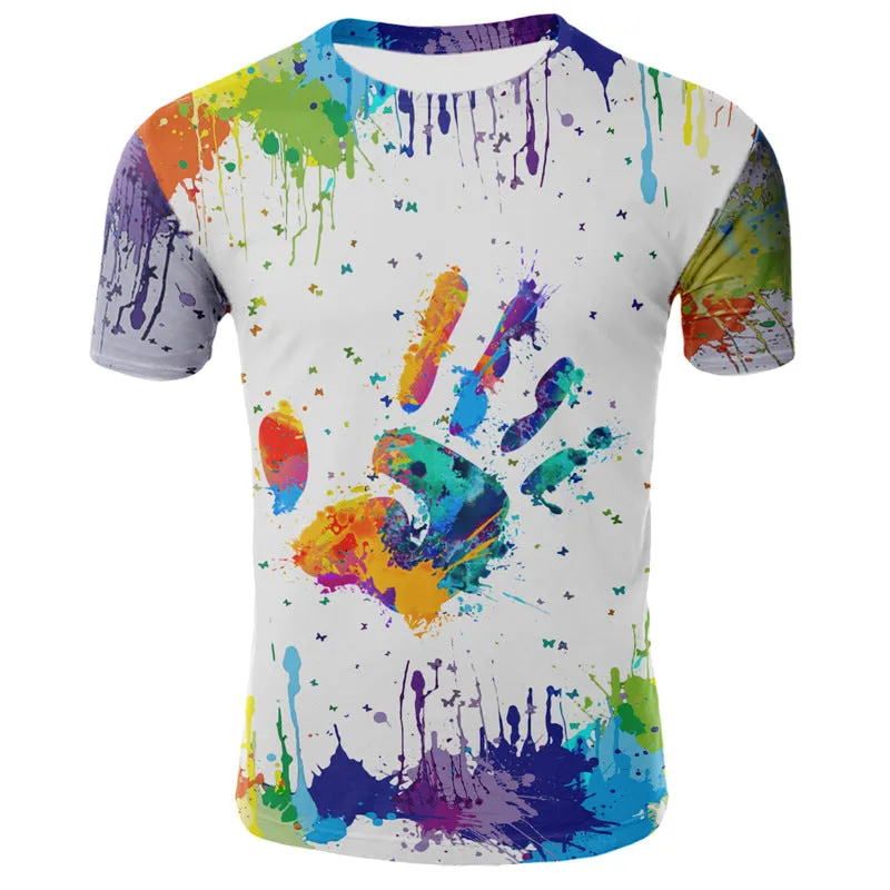 Men's Colorful Splatter Paint Round Neck Handprint Print T-Shirt