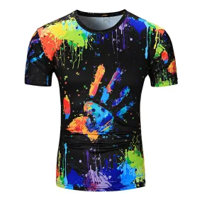 Men's Colorful Splatter Paint Round Neck Handprint Print T-Shirt