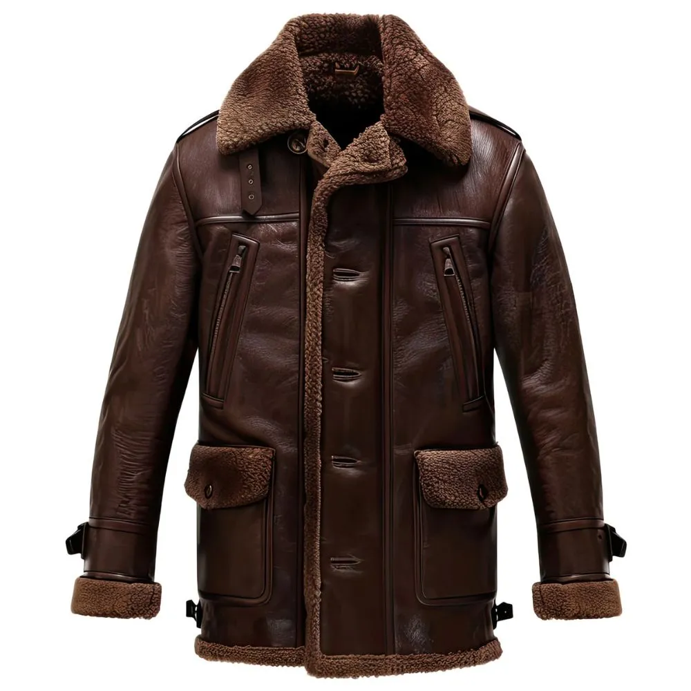 Men's Dark Brown Faux Shearling Fur Flight Cowhide Leather Coat