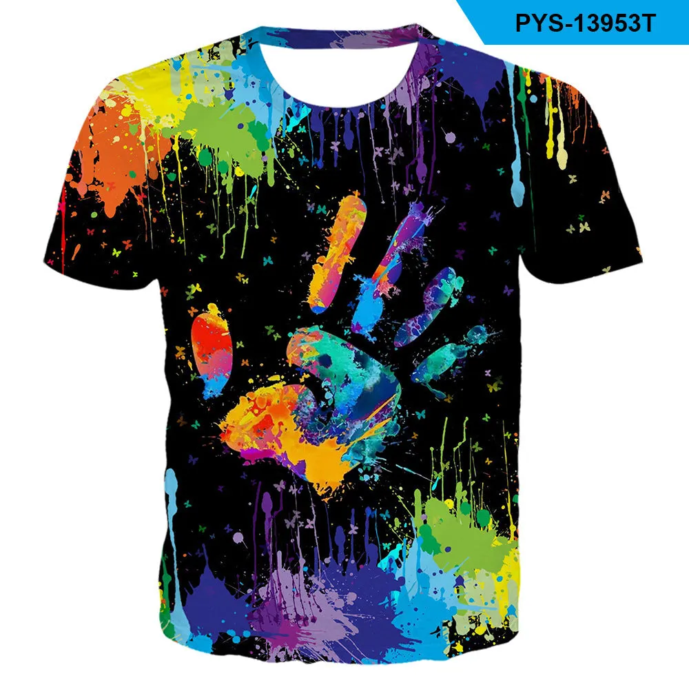 Men's Fashion Crew Neck Colorful Splatter Paint Handprint Print T-Shirt