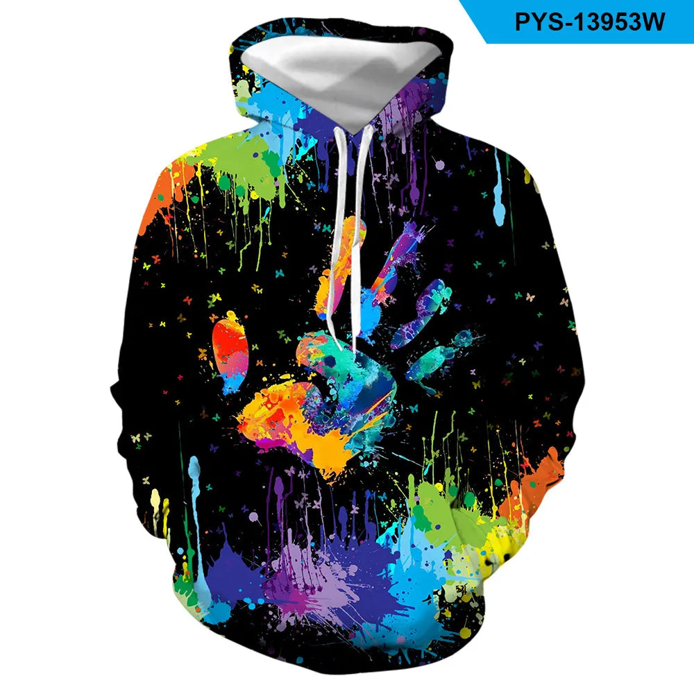 Men's Fashion Crew Neck Colorful Splatter Paint Handprint Print T-Shirt