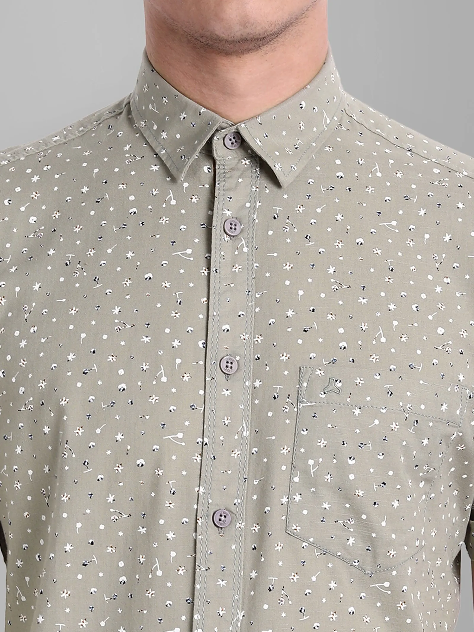 MEN'S LIGHT GREY PRINTED SLIM FIT SHIRT