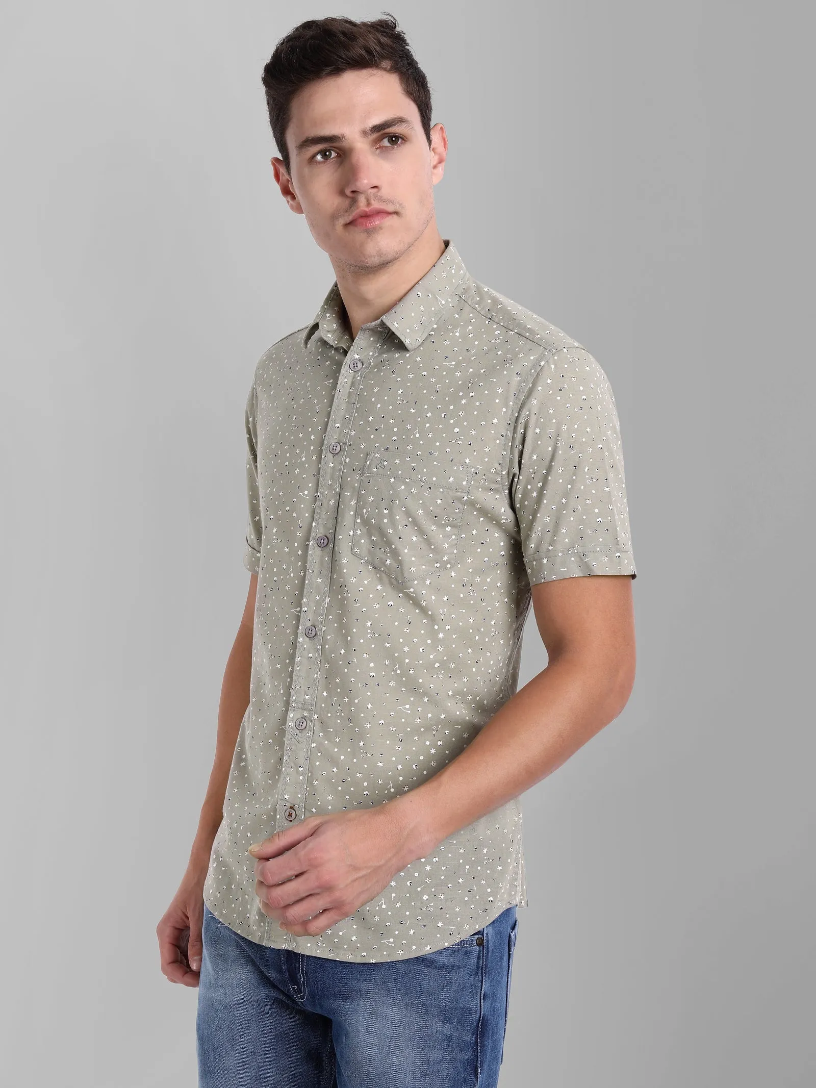 MEN'S LIGHT GREY PRINTED SLIM FIT SHIRT