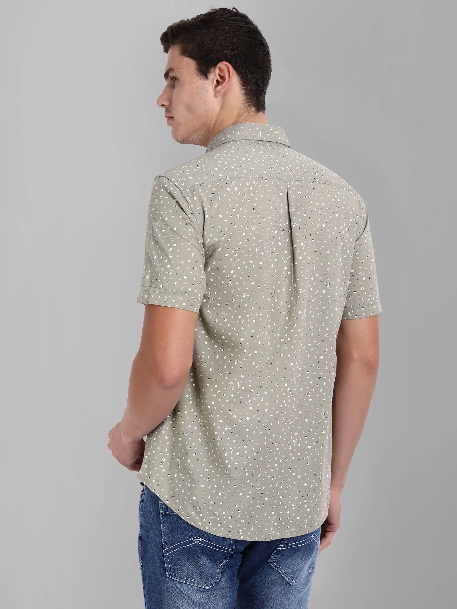 MEN'S LIGHT GREY PRINTED SLIM FIT SHIRT