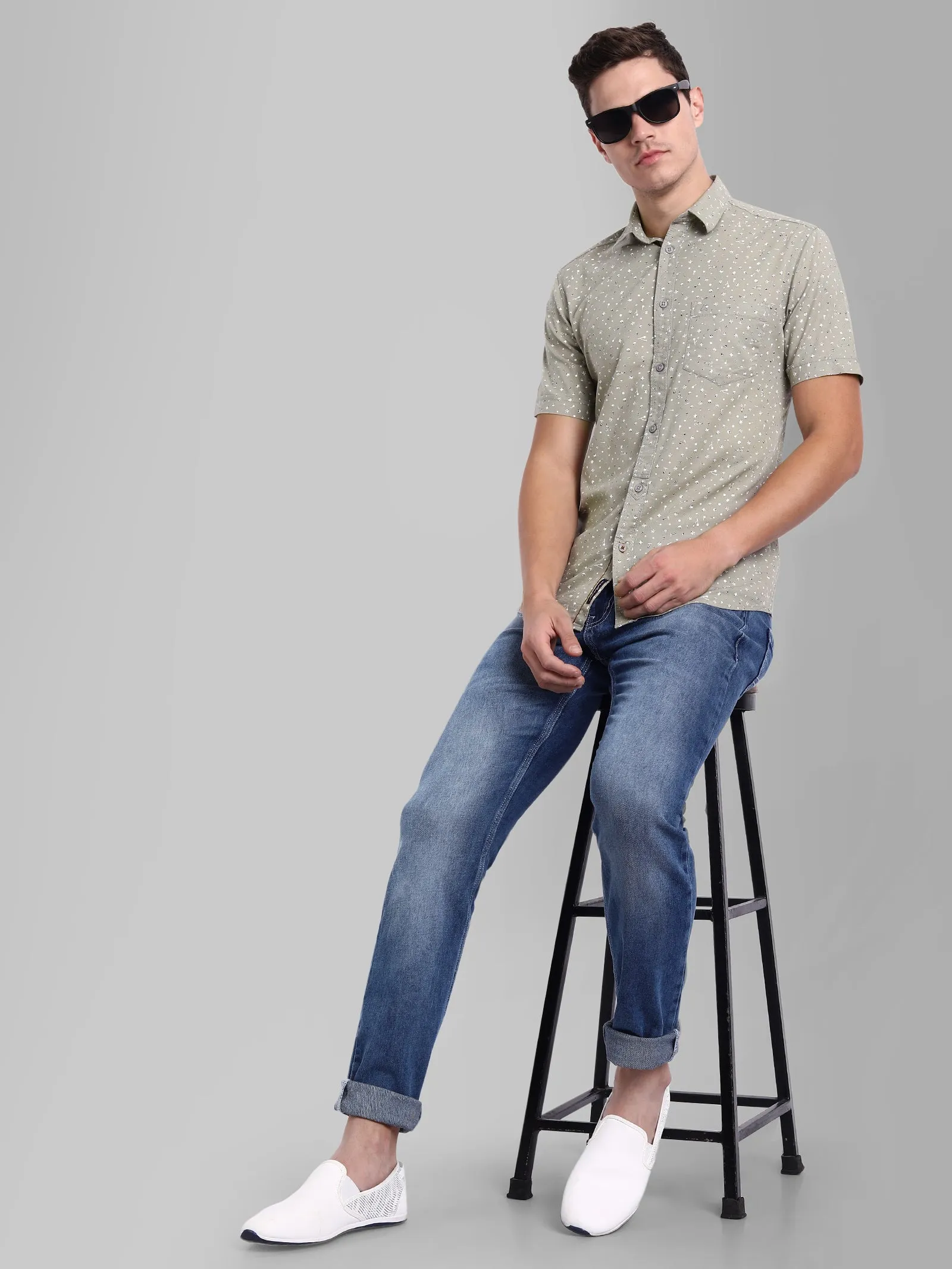 MEN'S LIGHT GREY PRINTED SLIM FIT SHIRT