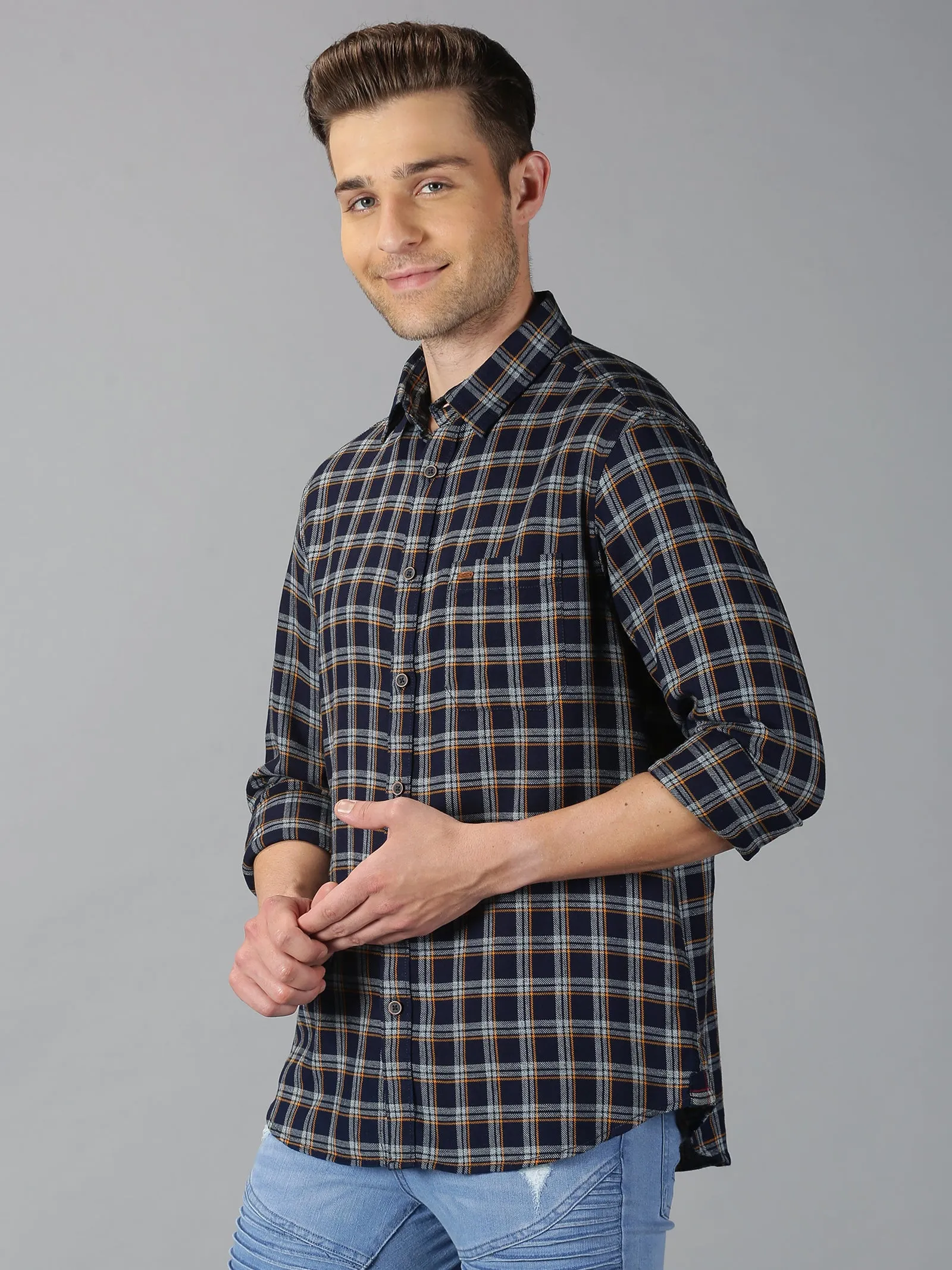 MEN'S NAVY BLUE CHECKS SLIM FIT SHIRT