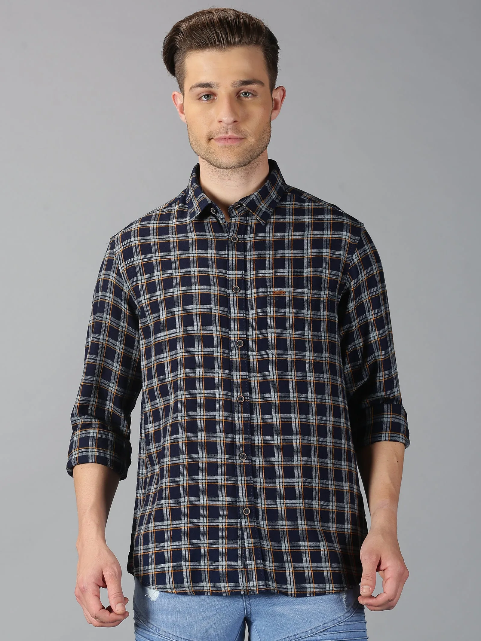 MEN'S NAVY BLUE CHECKS SLIM FIT SHIRT