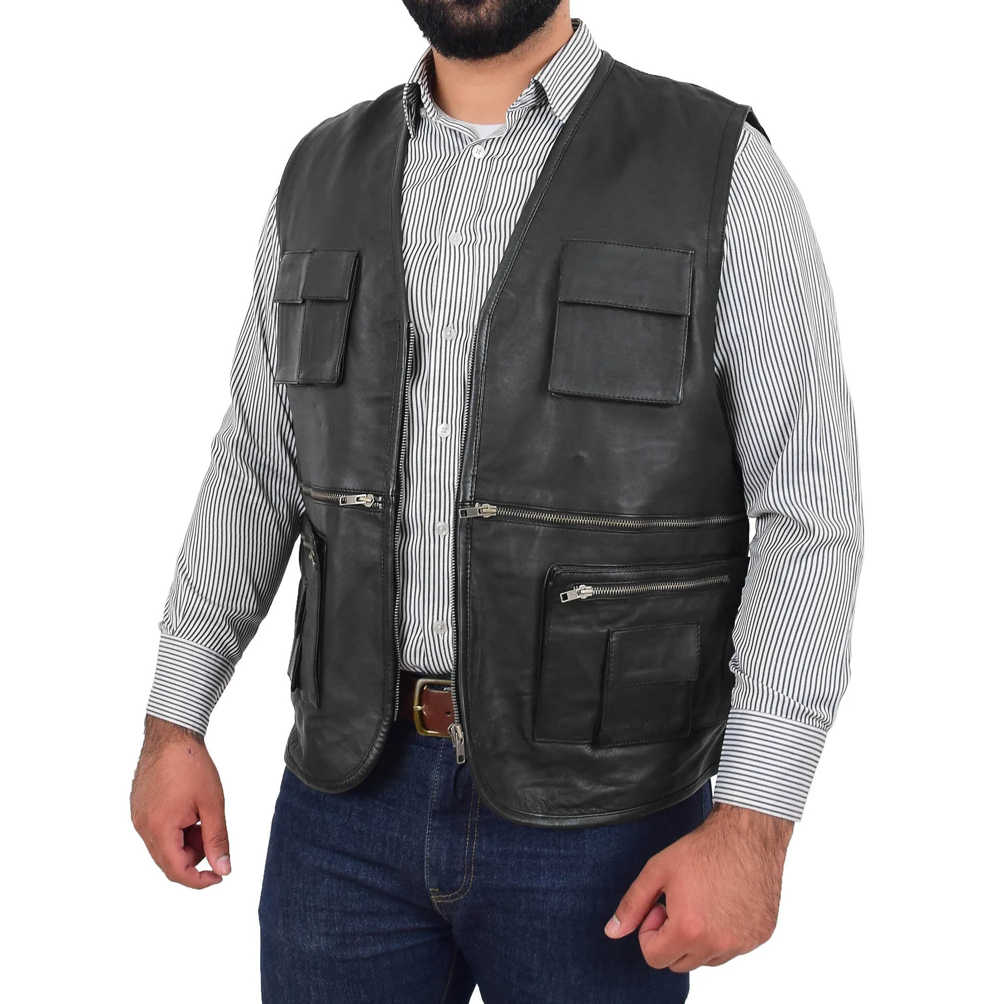 Mens Real Black Soft Leather Fisherman Waistcoat Multi Pockets Gilet Curt