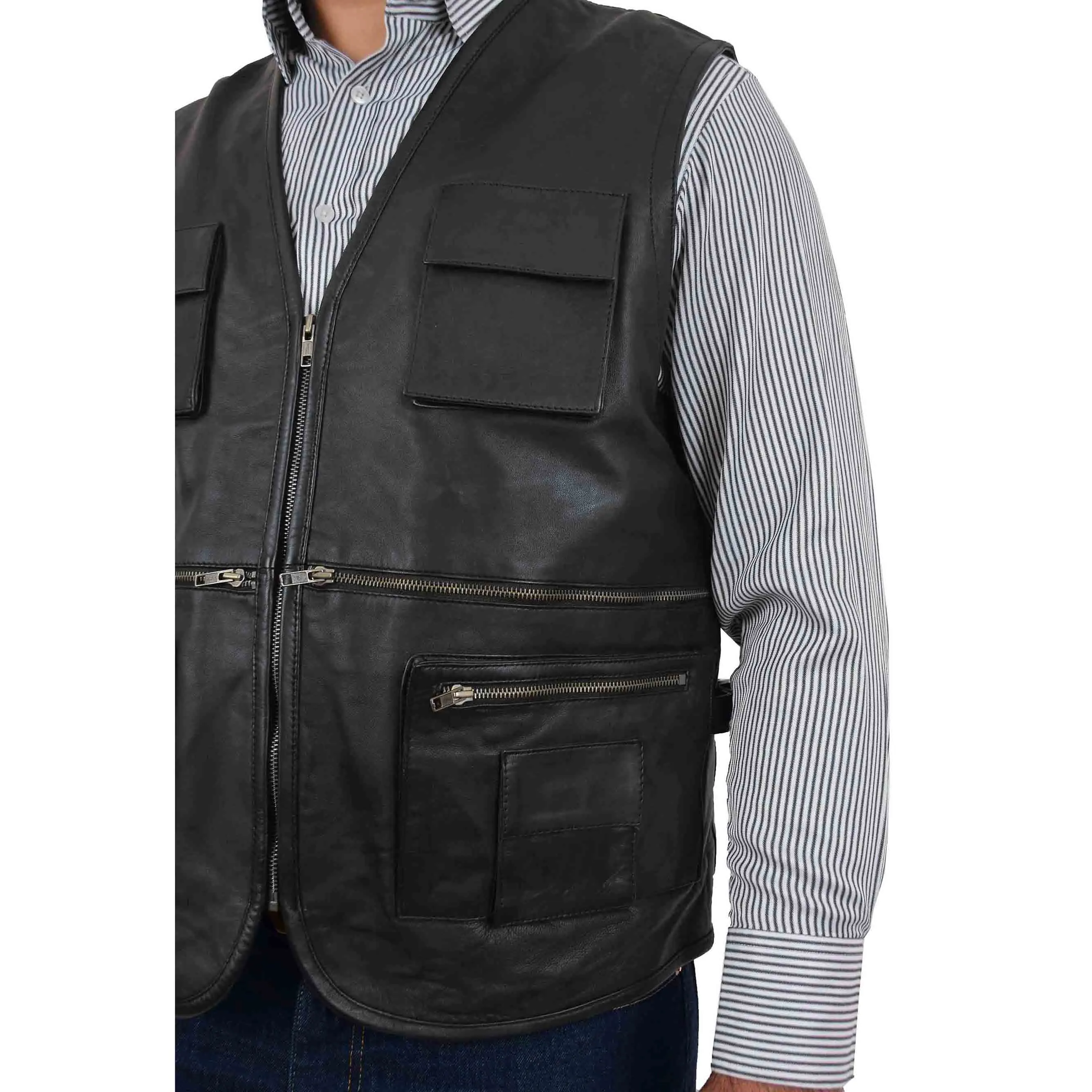 Mens Real Black Soft Leather Fisherman Waistcoat Multi Pockets Gilet Curt