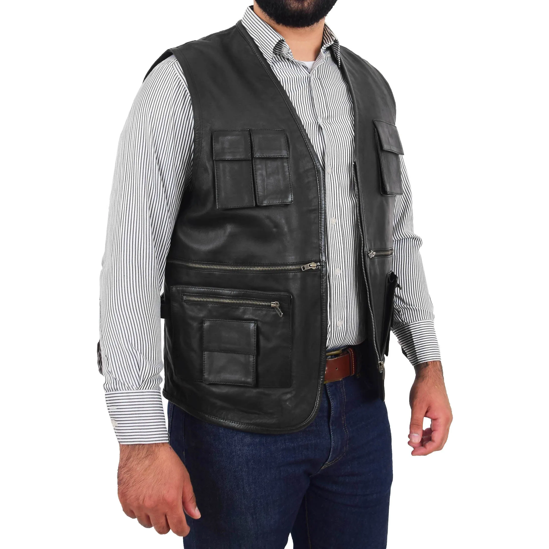 Mens Real Black Soft Leather Fisherman Waistcoat Multi Pockets Gilet Curt