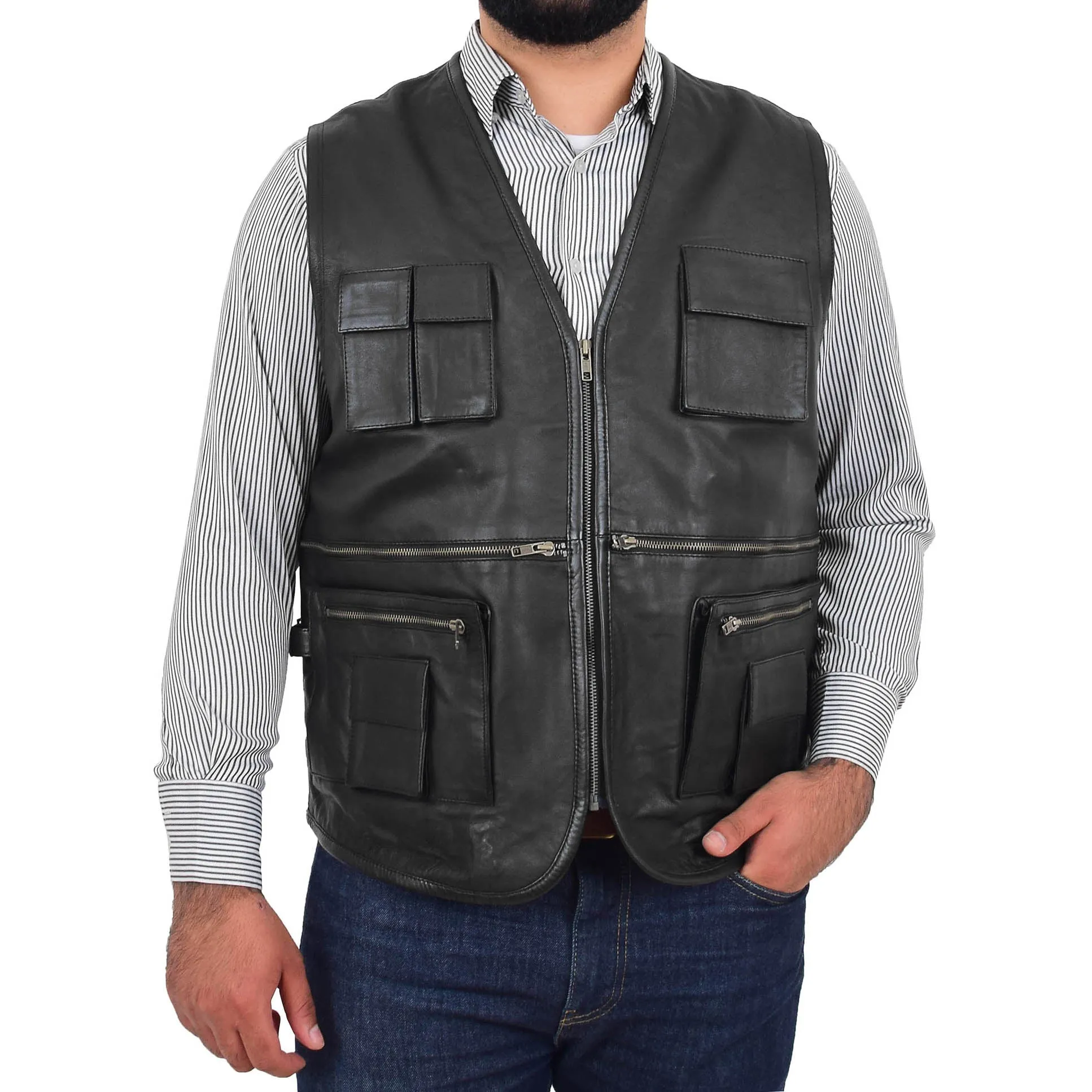 Mens Real Black Soft Leather Fisherman Waistcoat Multi Pockets Gilet Curt