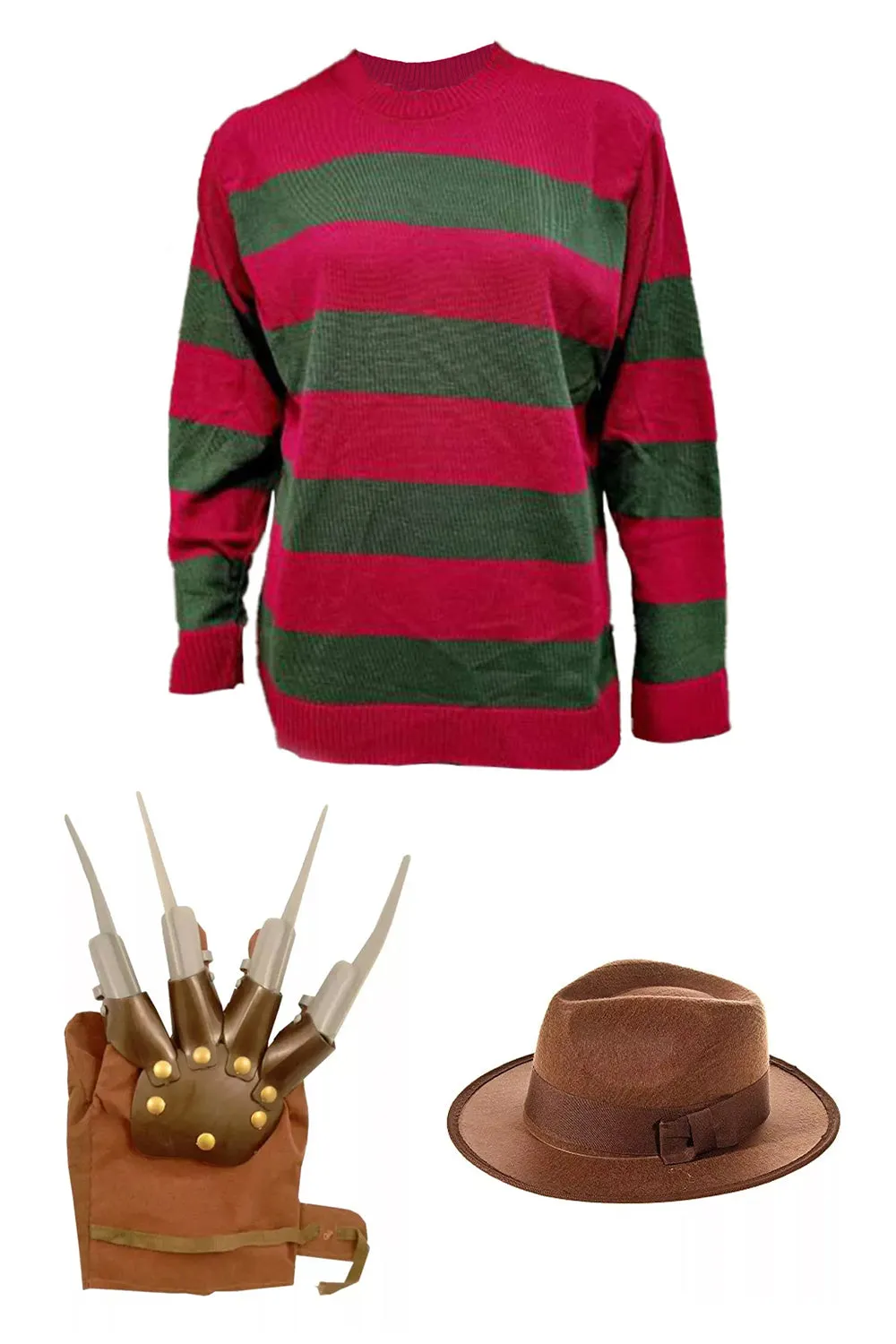 Men's Red and Green Knitted Jumper, Hat & Claw Glove Costume Set - Halloween Fancy Dress, Cosplay Horror Outfit, Striped Sweater with Claw Gloves and Matching Beanie Hat