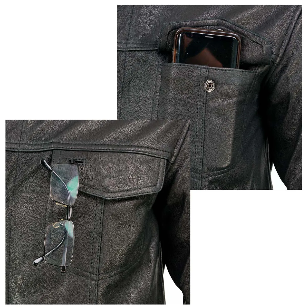 Milwaukee Leather MLM1607 Men's Collarless Black Premium Goat Skin Leather Casual Biker Shirt w/ Dual Closure