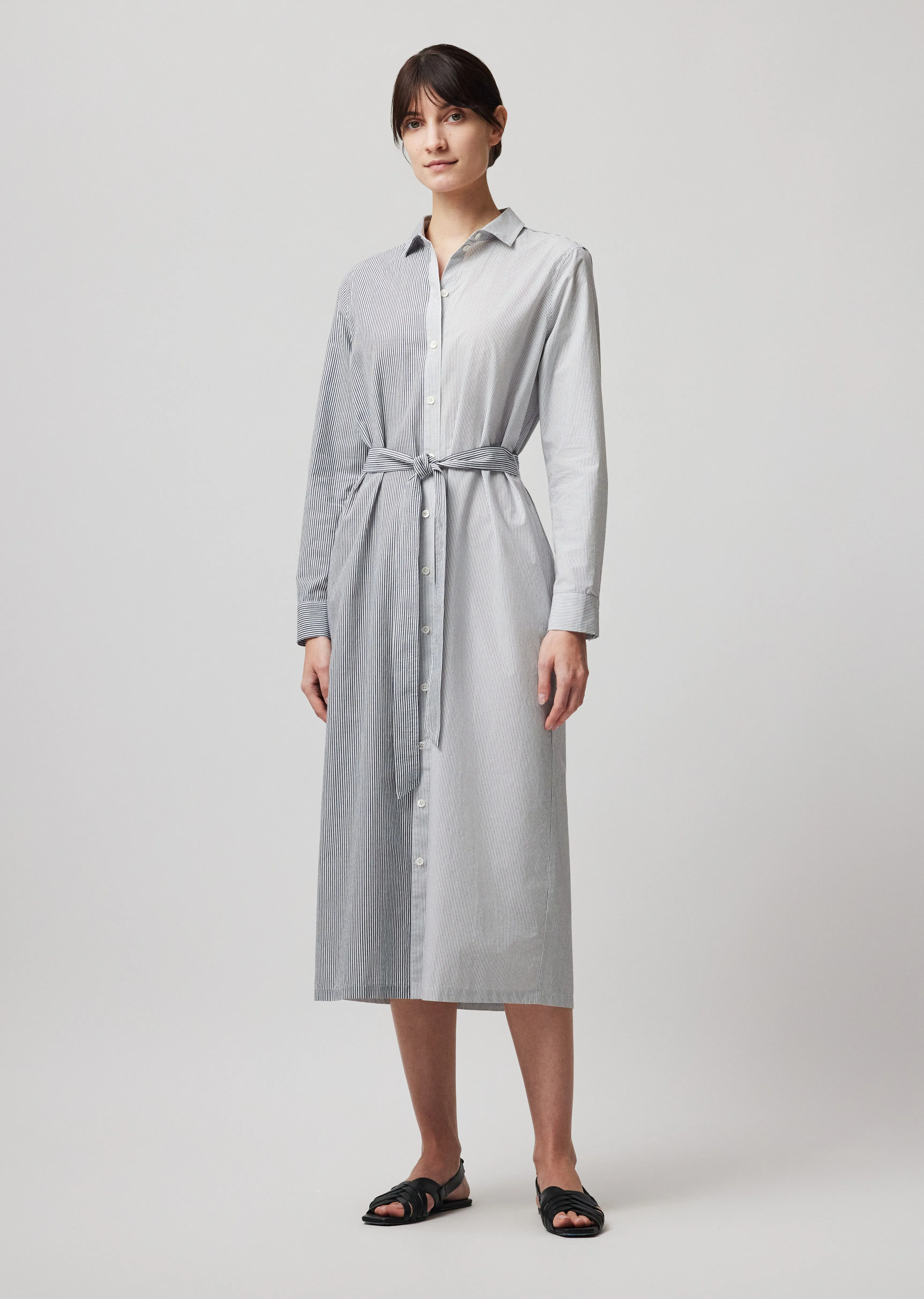 Mixed Stripe Shirting Belted Shirt Dress - Chalk-Ink