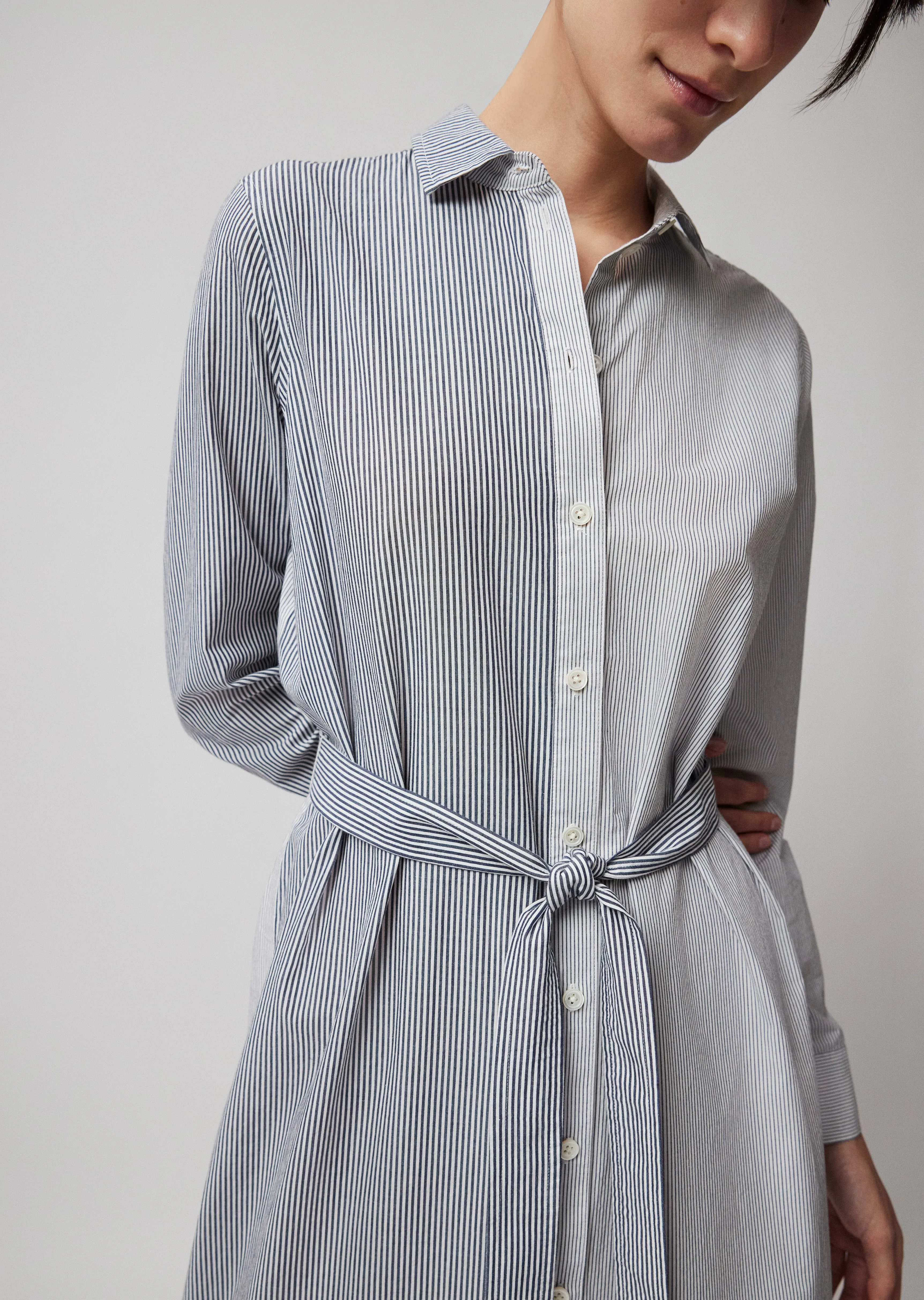 Mixed Stripe Shirting Belted Shirt Dress - Chalk-Ink