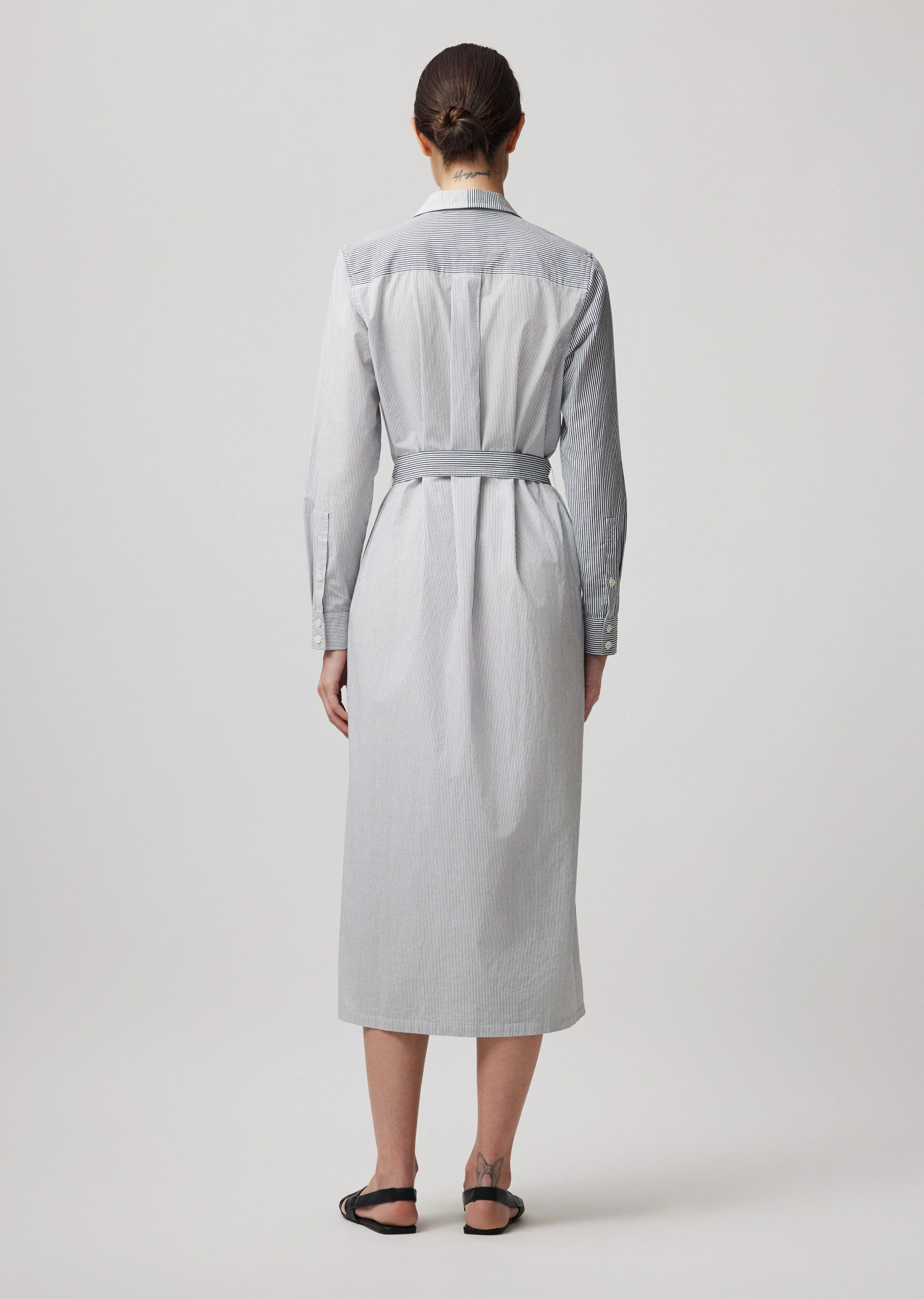 Mixed Stripe Shirting Belted Shirt Dress - Chalk-Ink