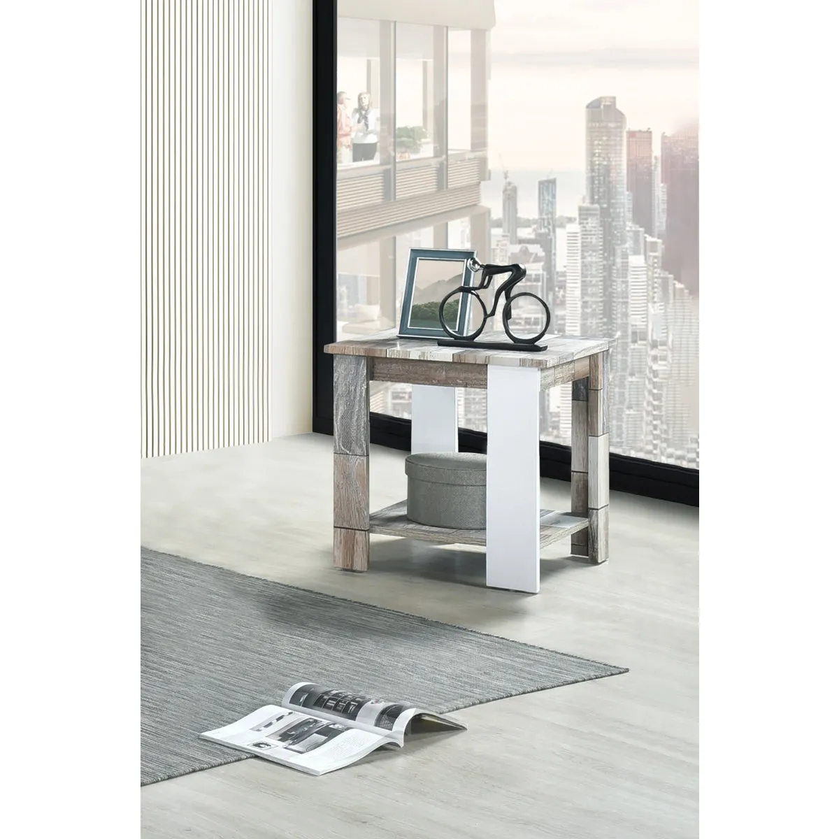 Modern Two-Tone End Table with Open Shelf - Rustic Grey & White Finish