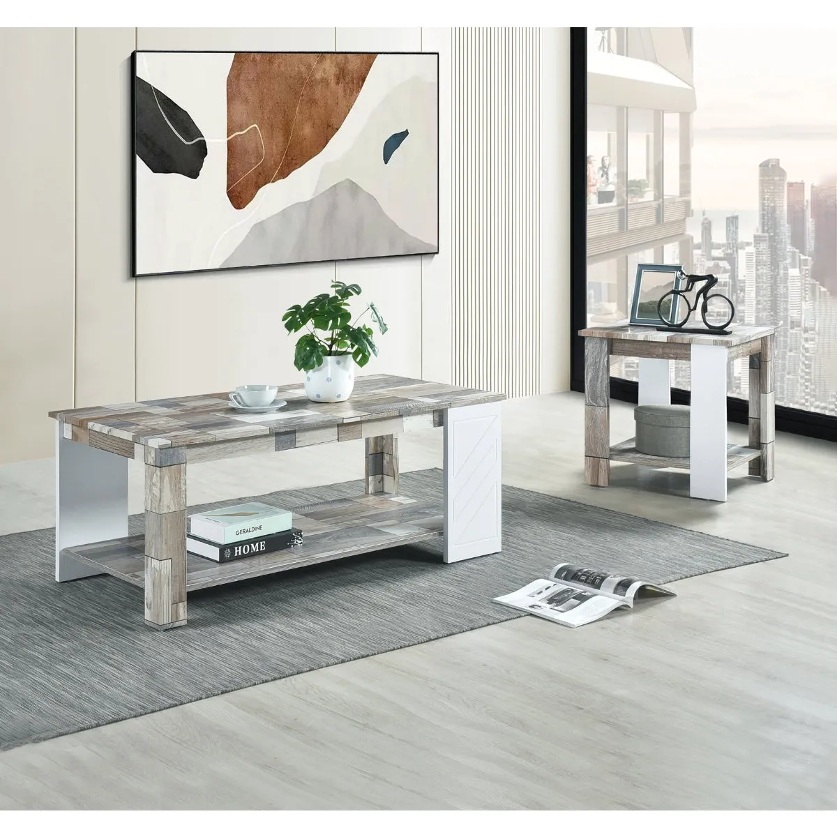 Modern Two-Tone End Table with Open Shelf - Rustic Grey & White Finish