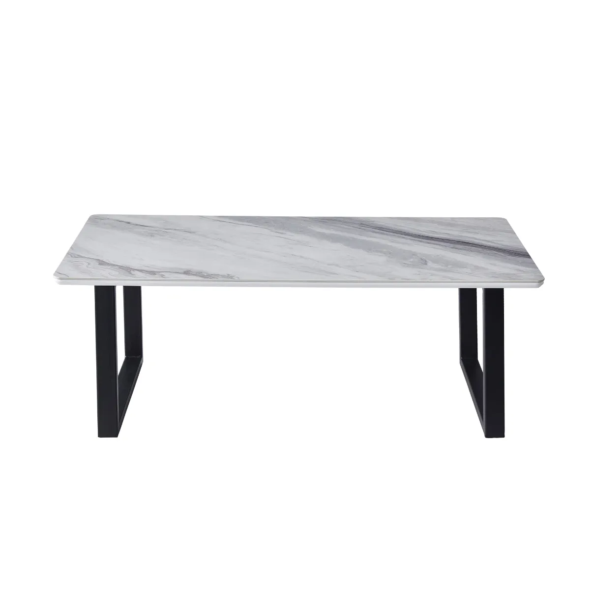 Modern White Marble-Look Coffee Table with Black Metal Legs