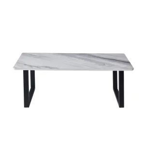 Modern White Marble-Look Coffee Table with Black Metal Legs