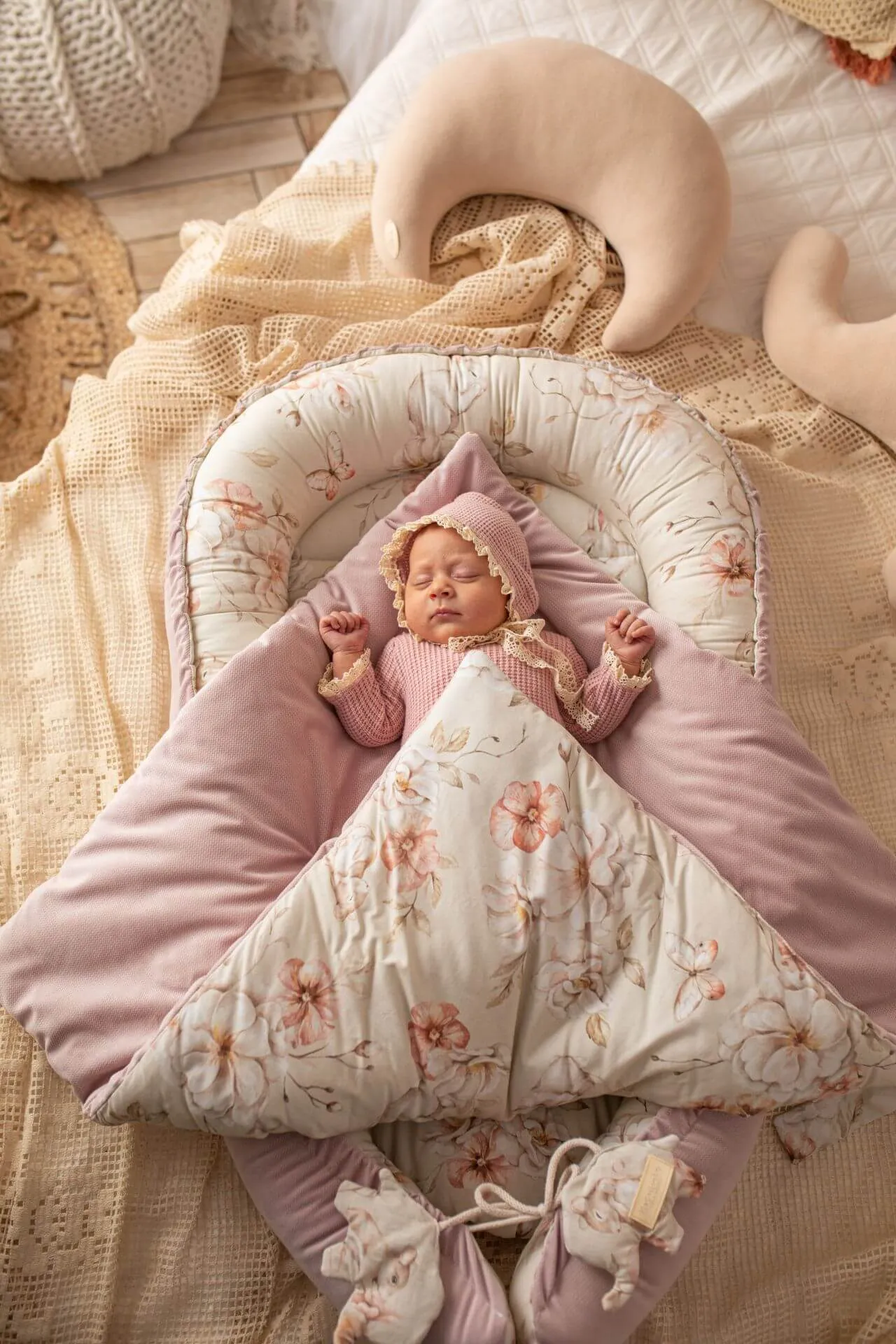 Newborn Baby Swaddle Blanket - Pastel Meadow with Powder Pink Velvet