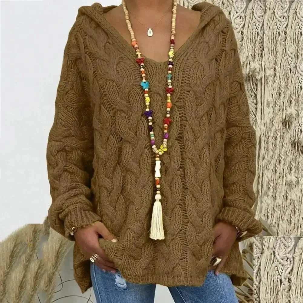 Opulent Knitted V-Neck Hoodie with Full Sleeves