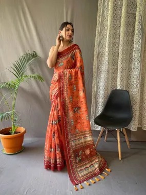 Orange Saree in Kadambari Cotton Kalamkari Print