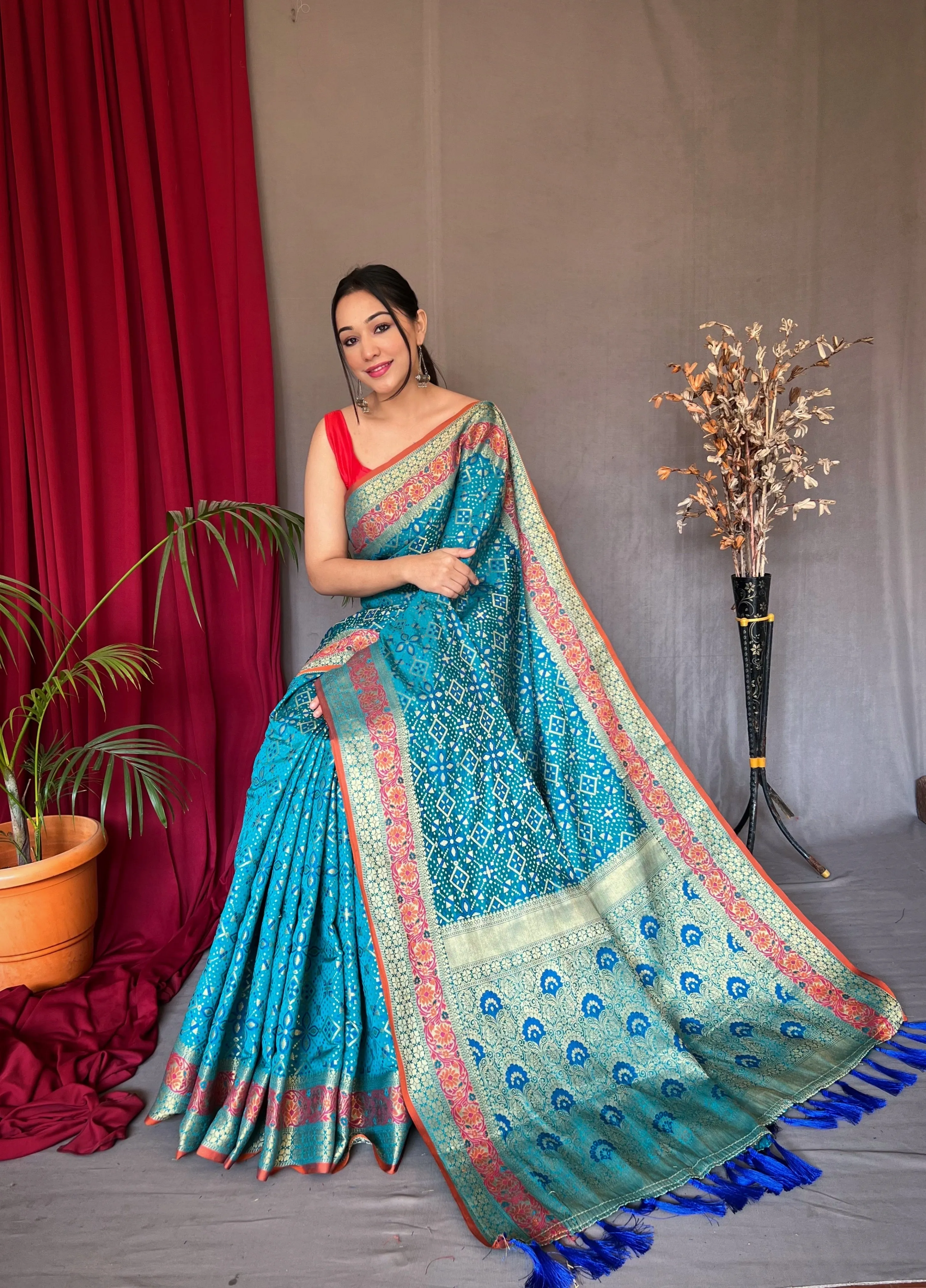 Pacific Blue Saree in Bandhej Patola Silk Woven