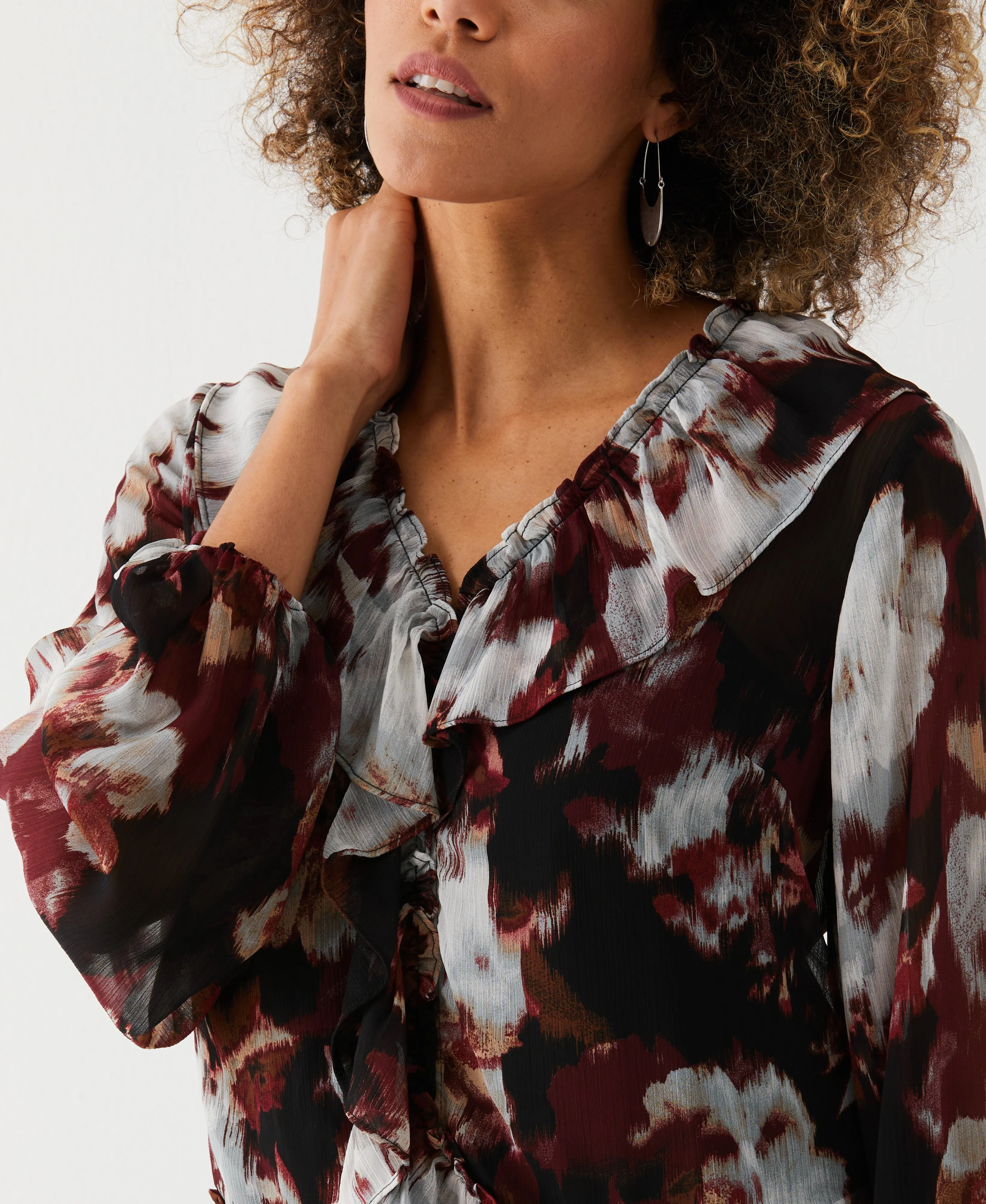 Petite Printed V-Neck Ruffle Blouse