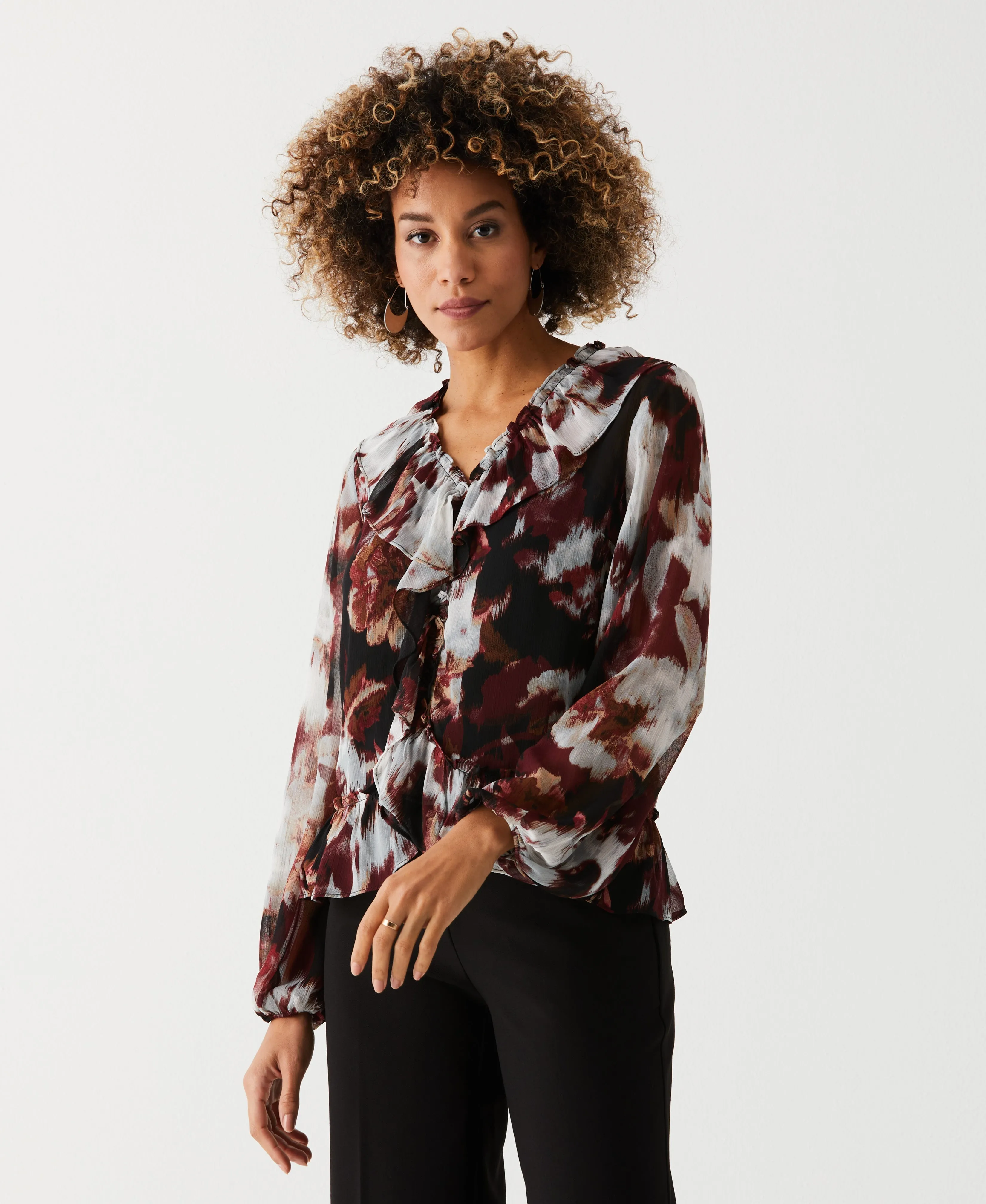 Petite Printed V-Neck Ruffle Blouse