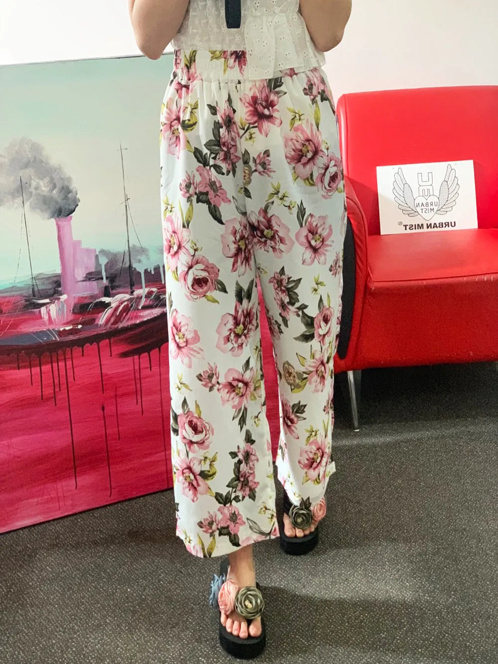 Pink Floral High Waist Elasticated Wide Leg Trousers