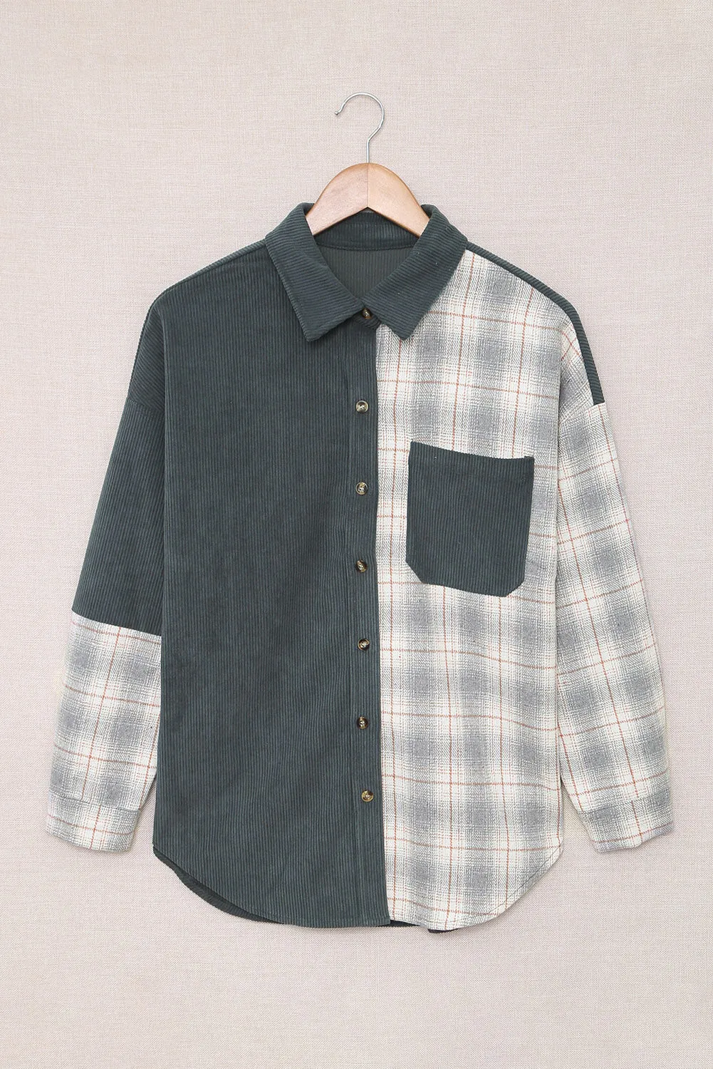 Plaid Colorblock Buttoned Corduroy Shacket