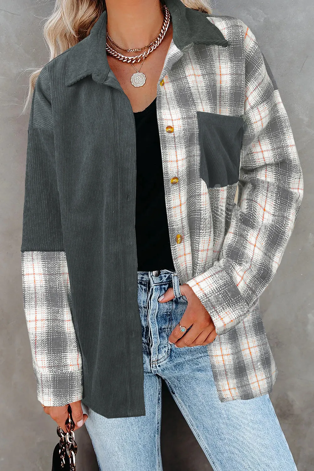 Plaid Colorblock Buttoned Corduroy Shacket