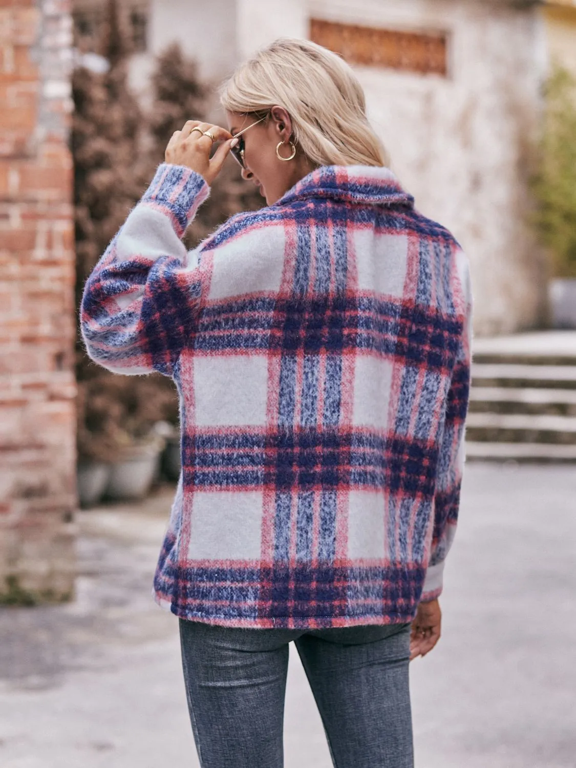 Plaid Dropped Shoulder Collared Jacket