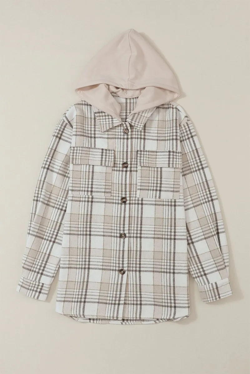 Plaid Removable Hood Button Up Shacket