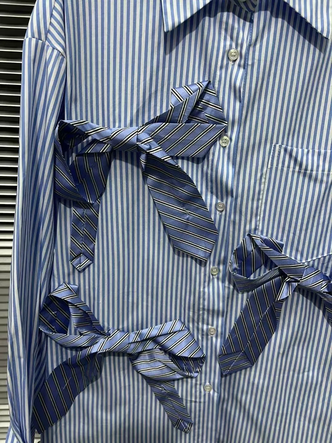 Pre Order:  Blue Vertical Stripe Tie Bow Loose Shirt