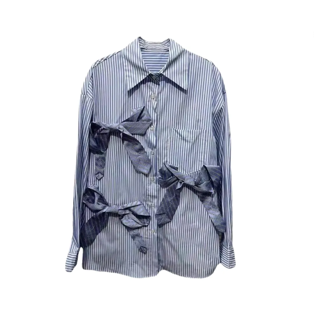 Pre Order:  Blue Vertical Stripe Tie Bow Loose Shirt