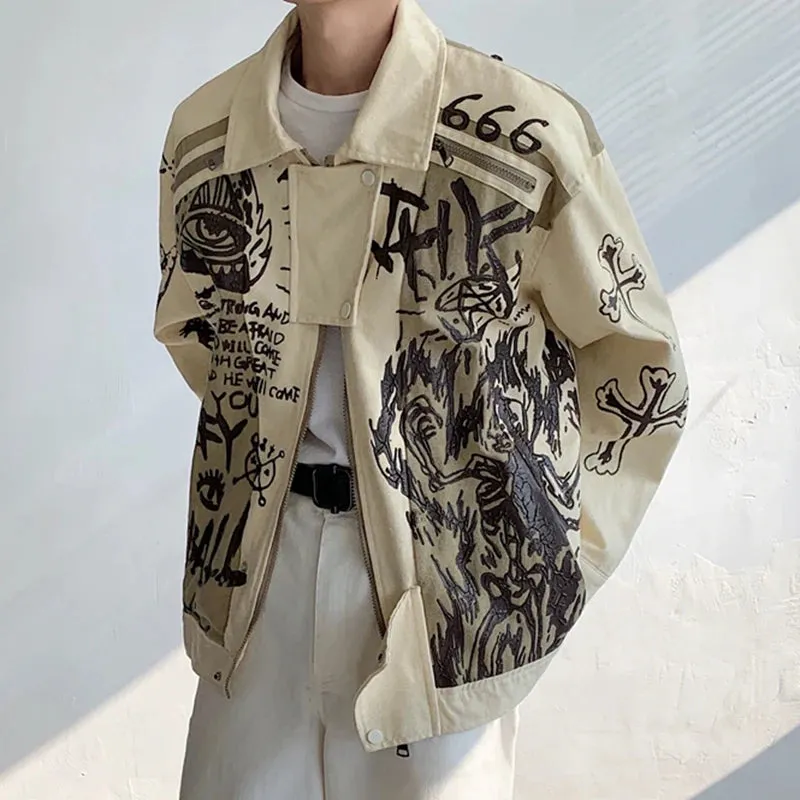 Printing Zipper Turn-Down Collar Jacket