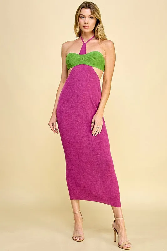 Purple/Green Cutout Halter Neck Sweater Dress