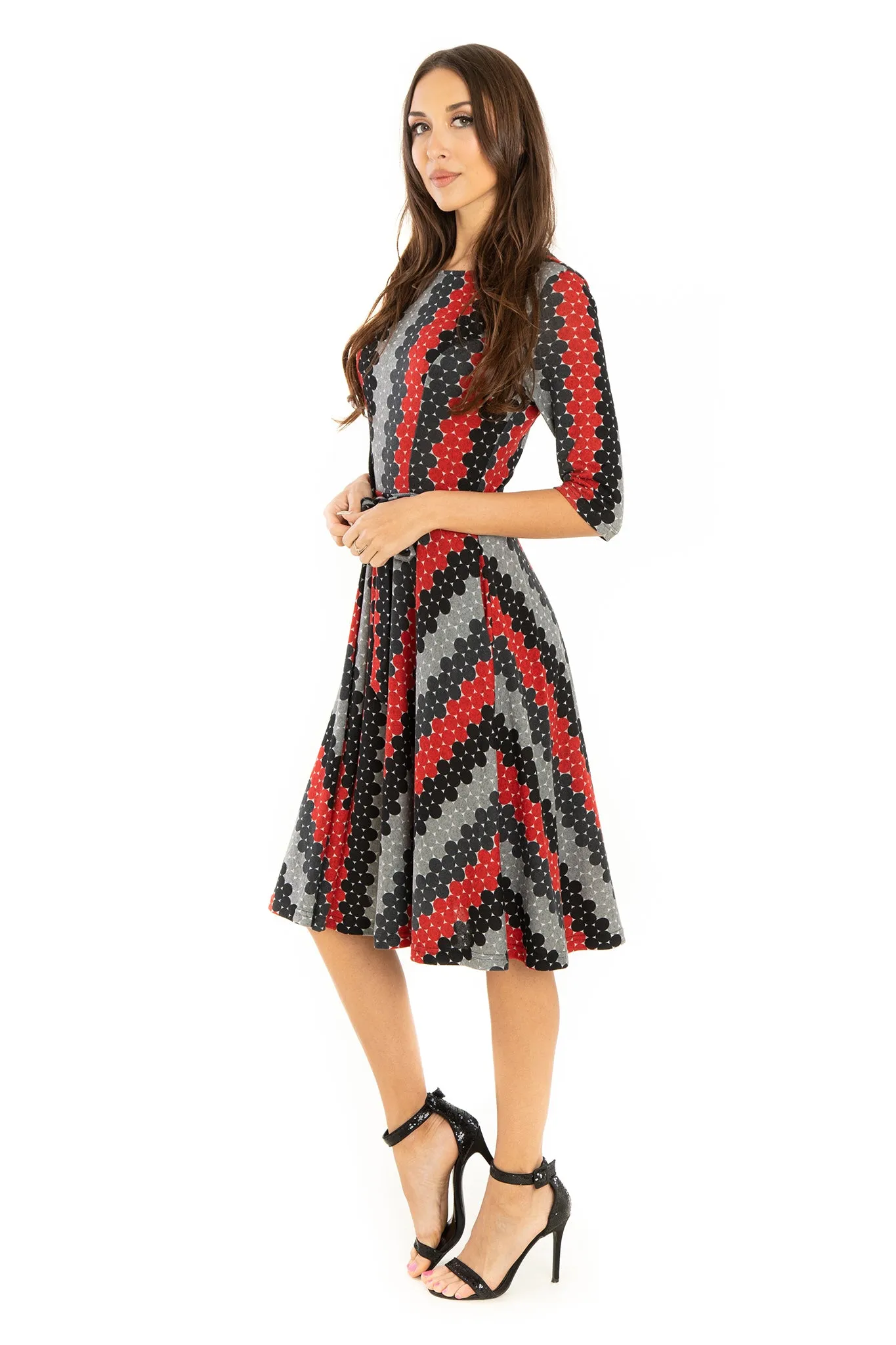 Red Black Domino 3/4 Sleeve Knit Dress