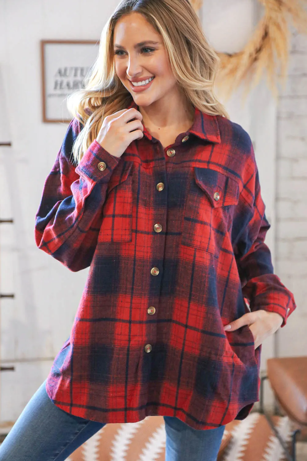 Red Flannel Plaid Lumberjack Pocketed Shacket