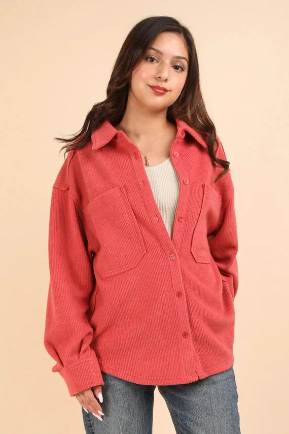 Red Oversized Cozy Button Down Shacket