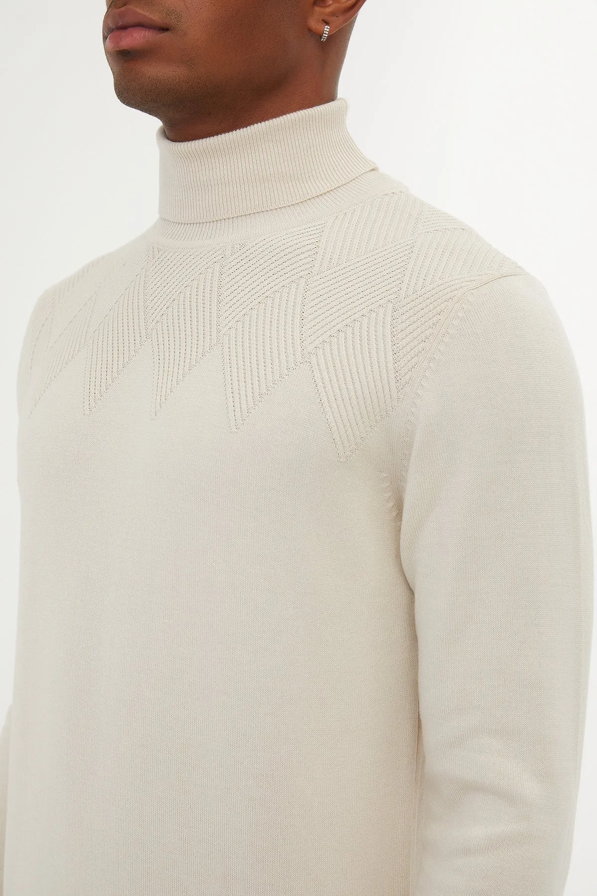 Regular Fit Patterned Cotton Blend Khaki Turtleneck Sweater, Stone